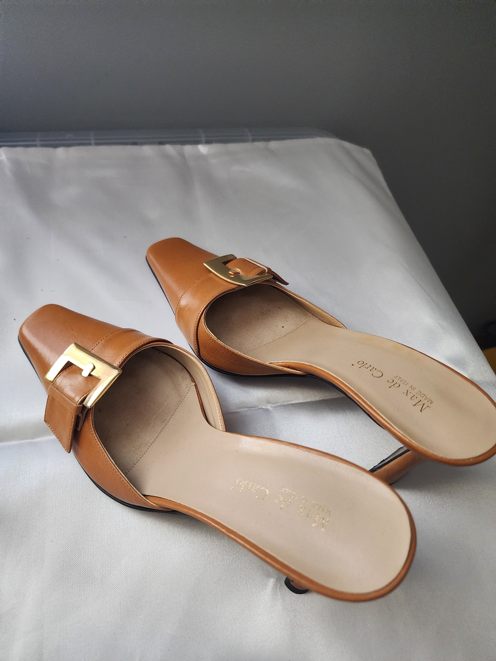 Max de Carlo Tan Leather Buckle Mules